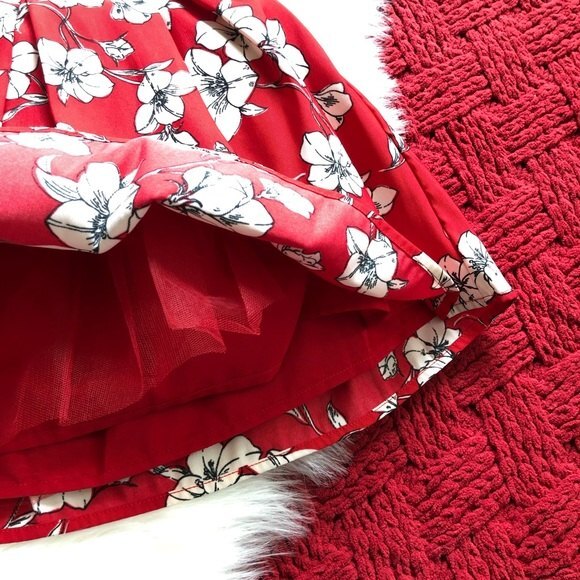 Forever 21 Pleated Circle Skirt Hibiscus Print Red Flawed 25 - Picture 6 of 8